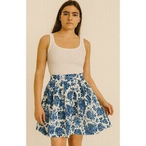 White Blue Harajuku Floral Skirts Women's Punk Cotton Vintage Pleated Skirt SZ S